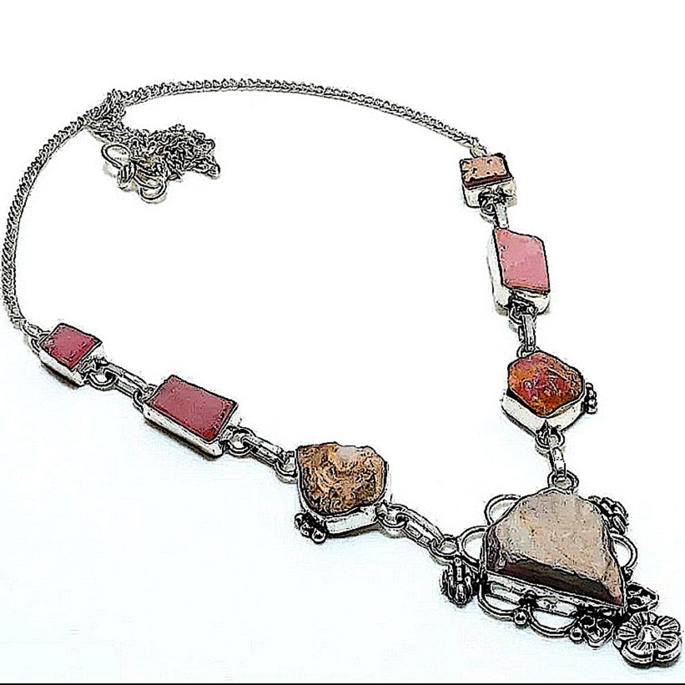 NEW STERLING SILVER RHODOCHROSITE ROUGH GEMSTONE NECKLACE